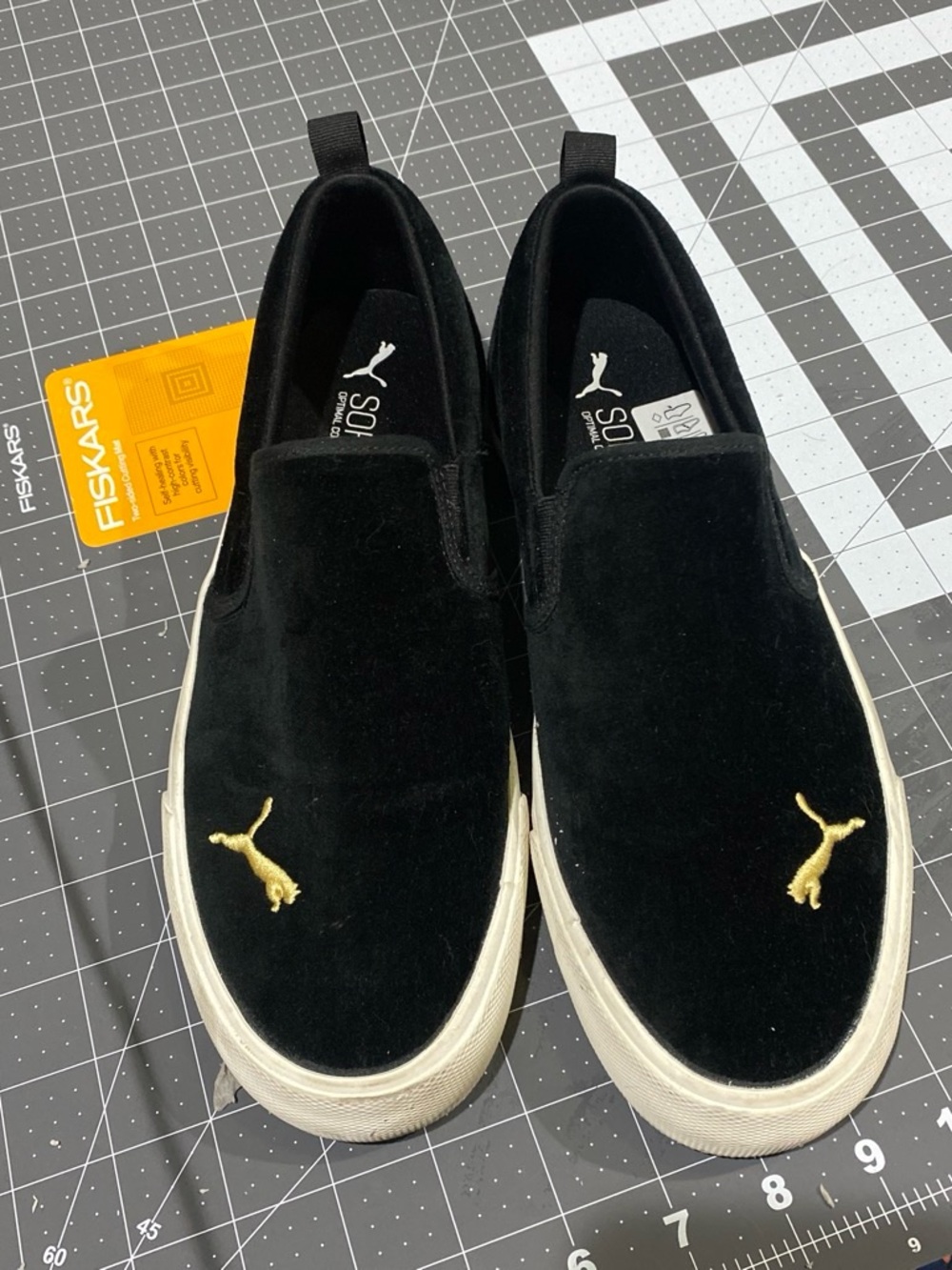 PUMA Women’s Black Slip-On Velvet Loafers with Gold Logo size 9